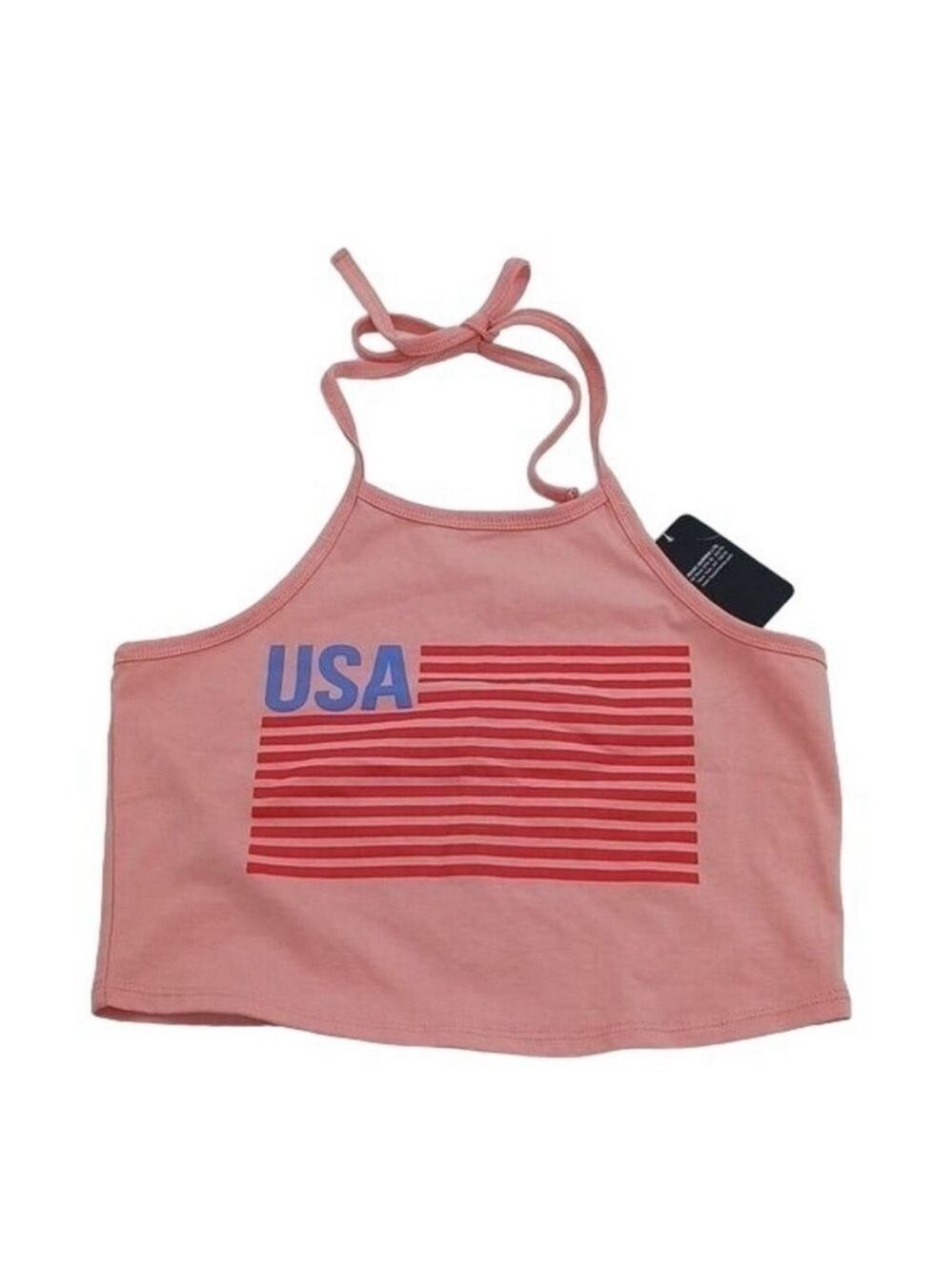 Isaac Morris Women's XXL USA Flag Graphic Halter Cropped Top Coral Pink NWT